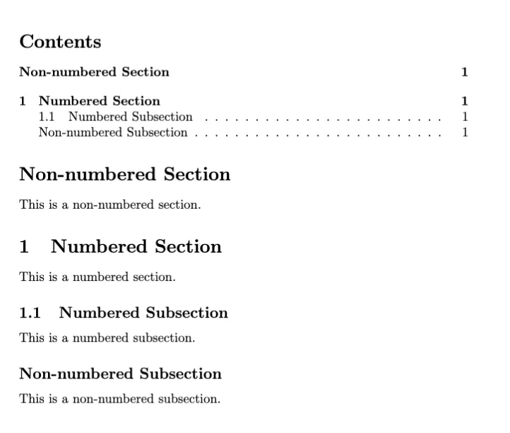 Result: Non-numbered Sections in LaTeX / Overleaf